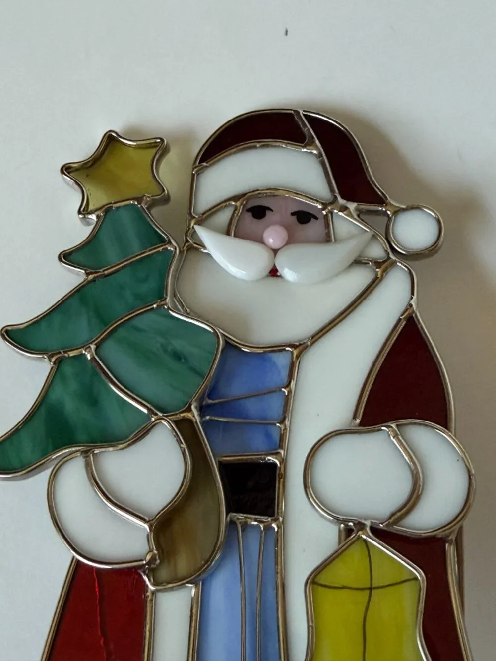 Santa Claus Suncatcher Stained Glass Vintage Tree Lantern Candle Holder Tealight